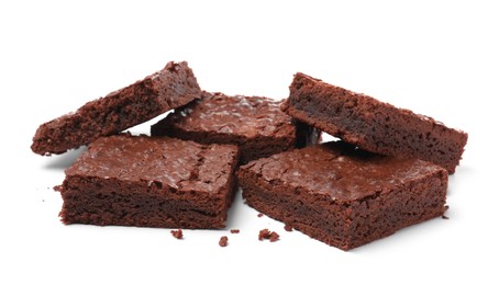 Delicious chocolate brownies on white background. Tasty dessert