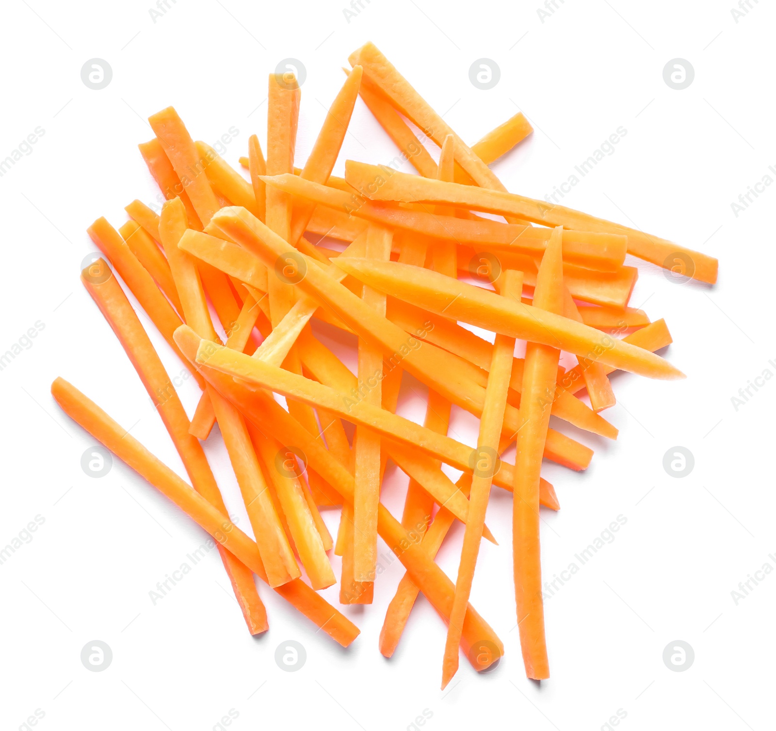Photo of Pile of delicious carrot sticks isolated on white, top view