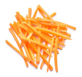 Photo of Pile of delicious carrot sticks isolated on white, top view
