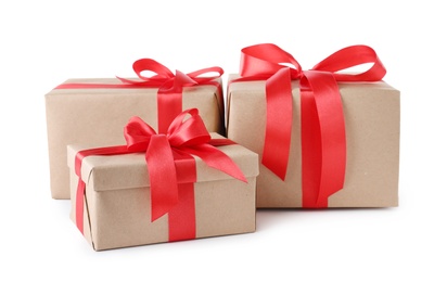 Different Christmas gift boxes on white background