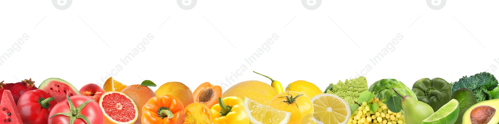Image of Many fresh fruits and vegetables on white background, banner design