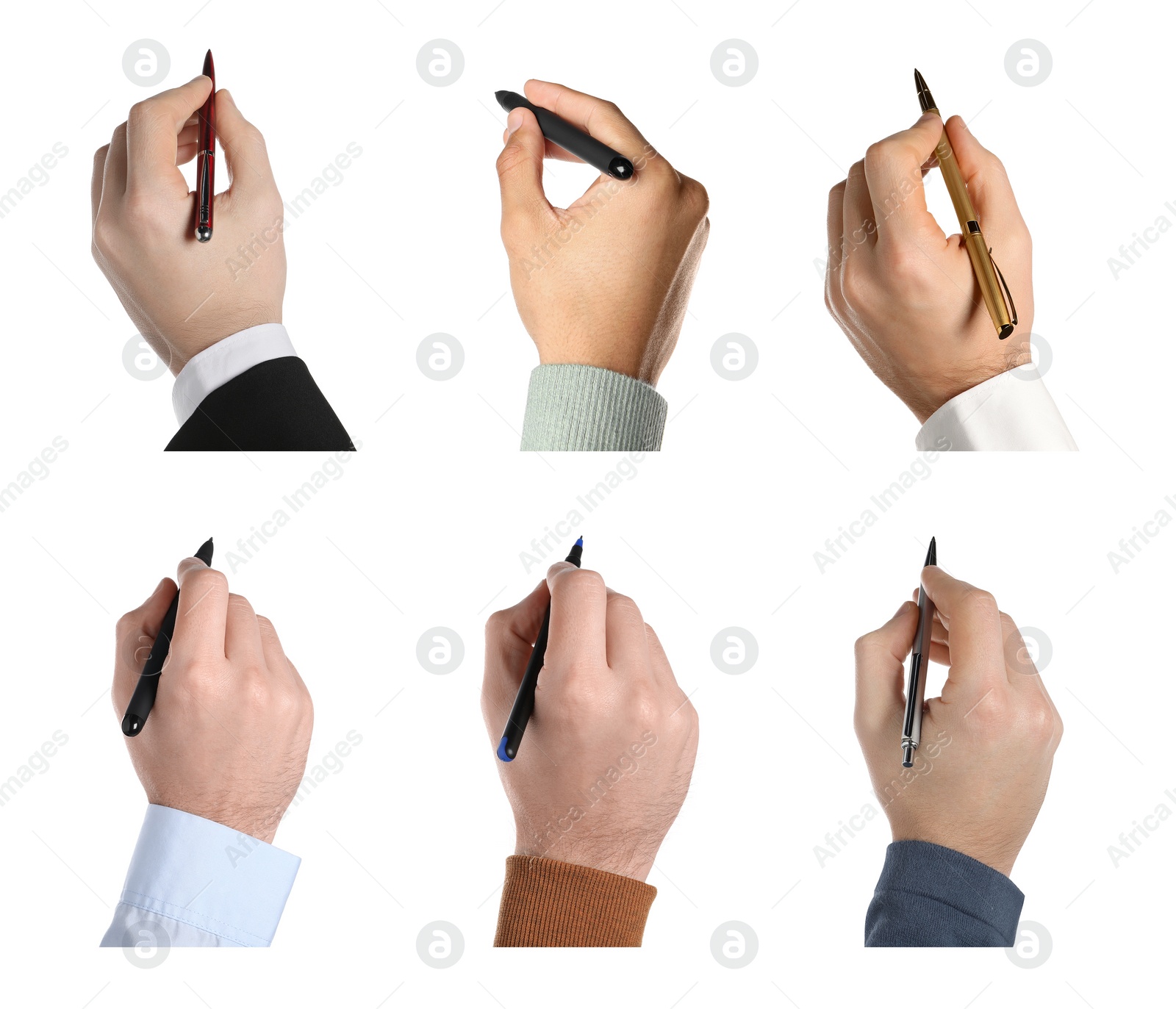 Image of Men holding pens on white background, closeup. Collage design