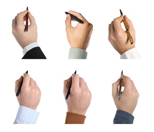 Image of Men holding pens on white background, closeup. Collage design