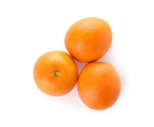 Photo of Fresh oranges on white background, top view. Healthy fruit