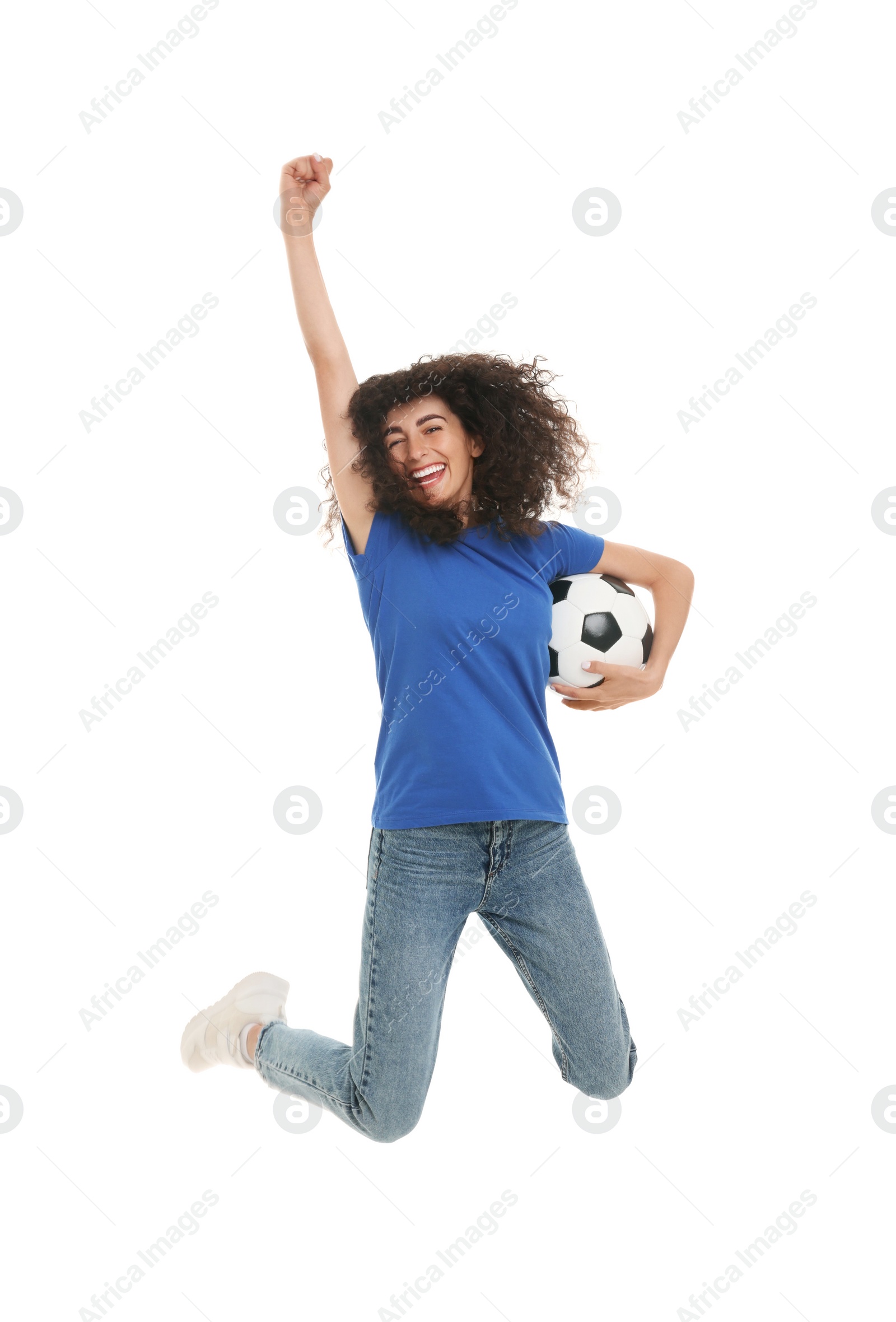 Photo of Happy fan with soccer ball jumping isolated on white background