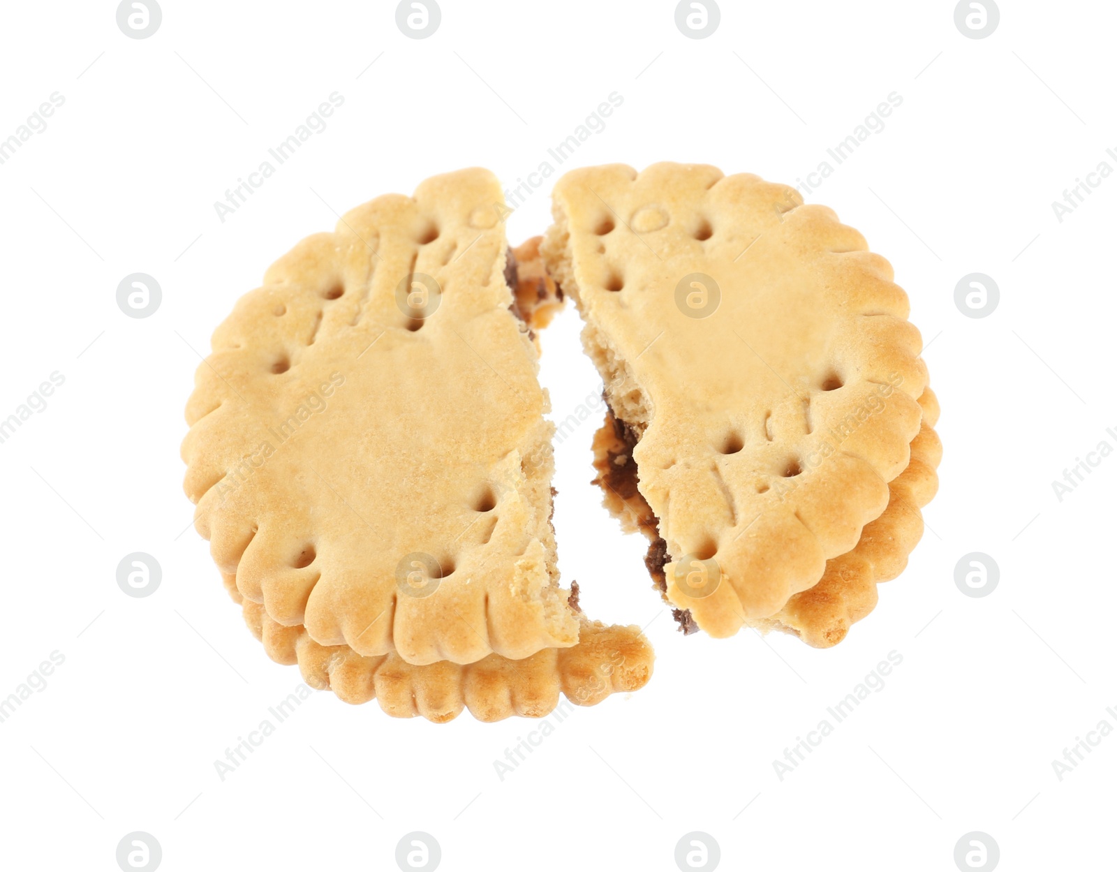 Photo of Broken tasty sandwich cookie with cream on white background