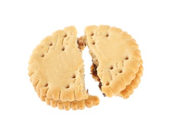 Photo of Broken tasty sandwich cookie with cream on white background