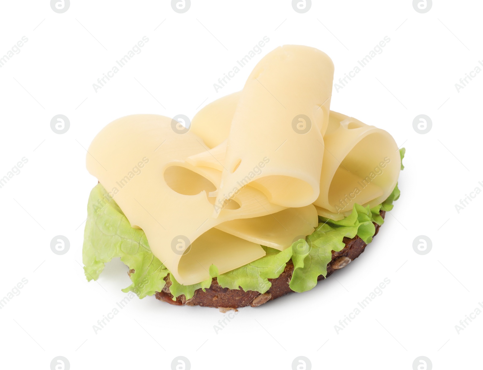 Photo of Tasty sandwich with slices of fresh cheese and lettuce isolated on white