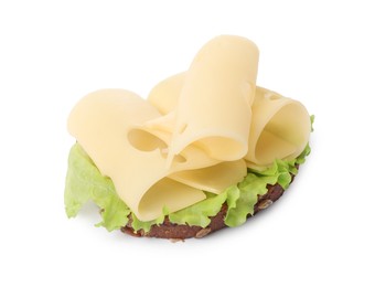 Photo of Tasty sandwich with slices of fresh cheese and lettuce isolated on white