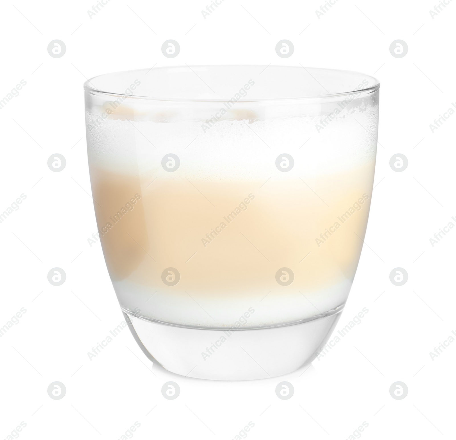 Photo of Glass of delicious latte macchiato isolated on white