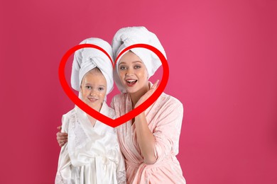 Image of Illustration of red heart and mother with daughter with on pink background