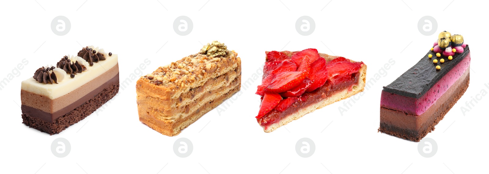 Image of Set of different delicious cakes on white background