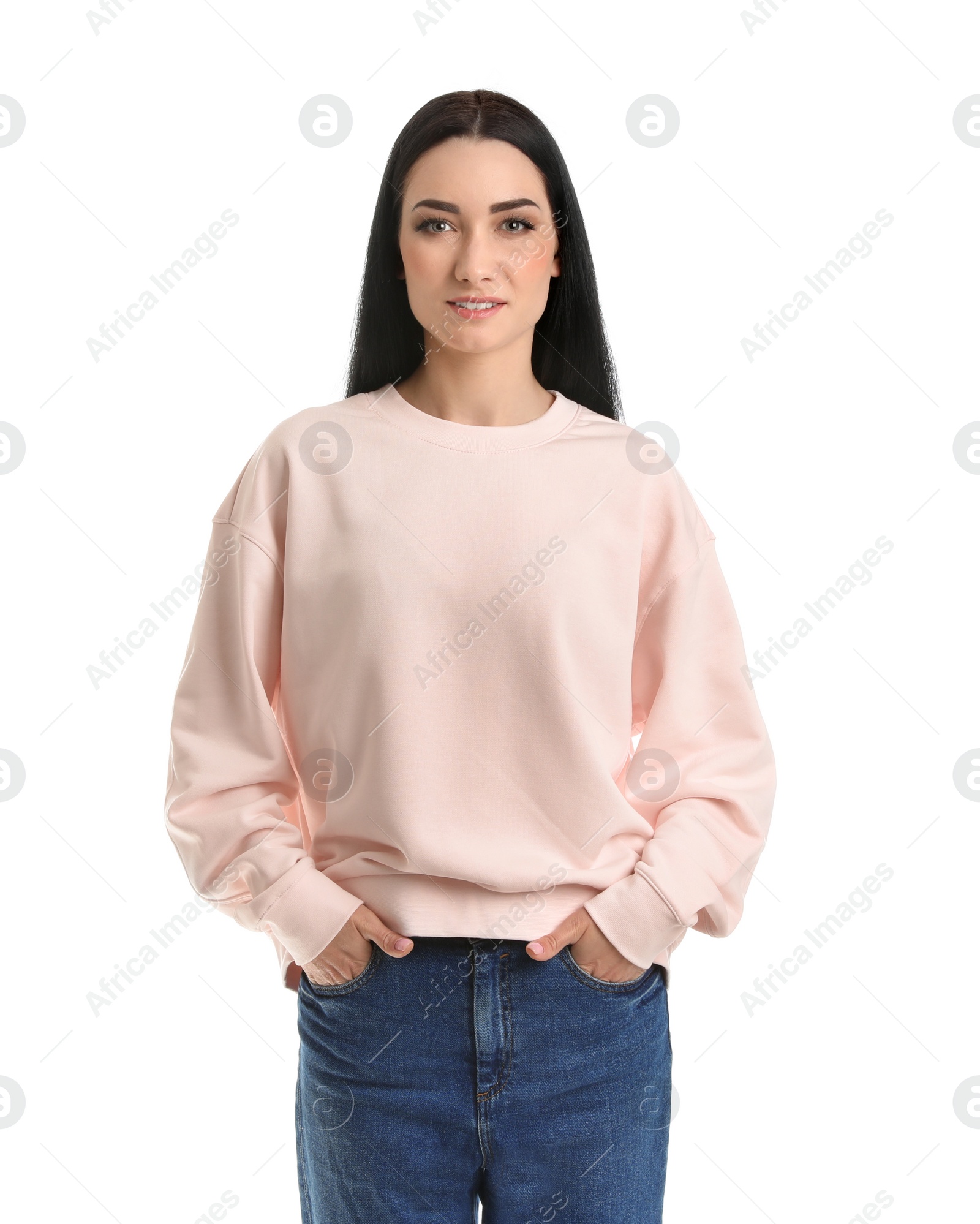 Photo of Portrait of young woman in sweater isolated on white. Mock up for design