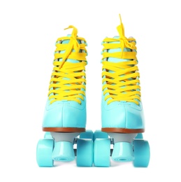 Photo of Pair of bright stylish roller skates on white background