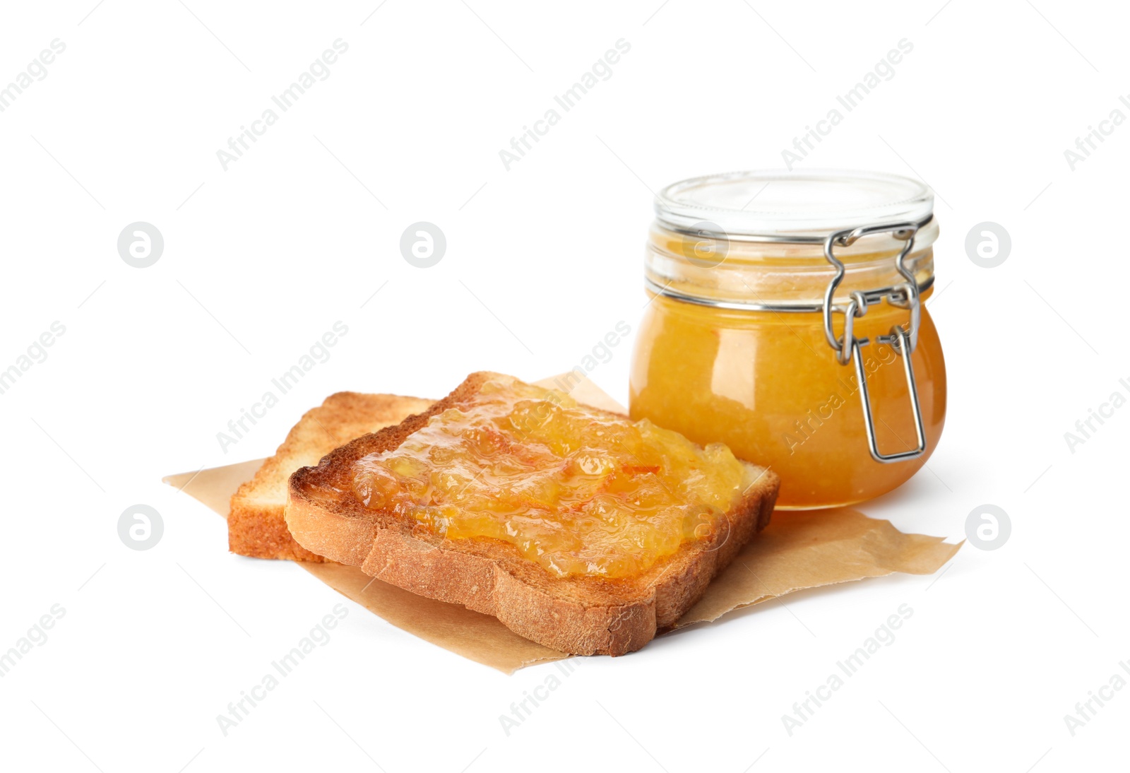 Photo of Delicious toasts and orange marmalade on white background