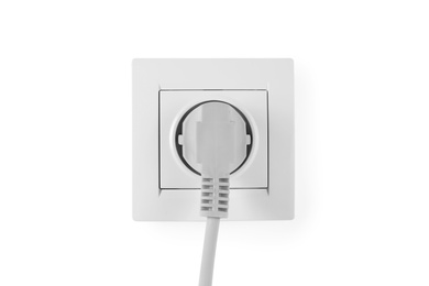 Power socket and plug on white background. Electrician's equipment