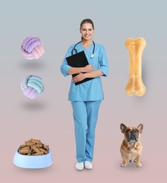 Image of Collage with photos of veterinarian doc, dog, pet food and toys on color background
