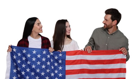 Image of 4th of July - Independence day of America. Happy family with national flag of United States on white background