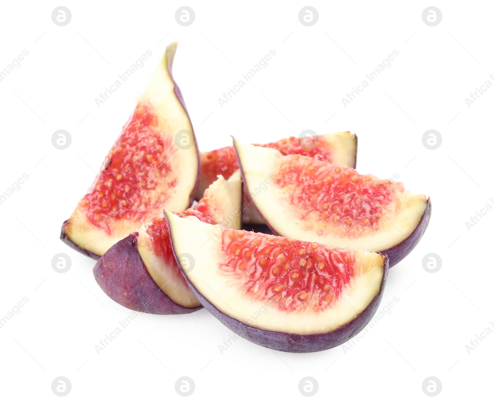 Photo of Slices of tasty fresh figs isolated on white