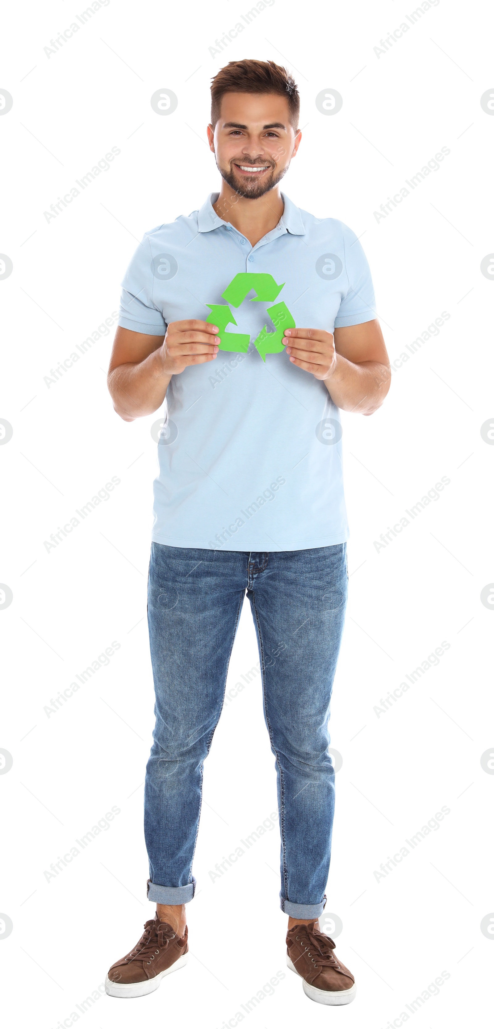Photo of Young man with recycling symbol on white background