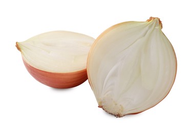 Halves of fresh onion on white background