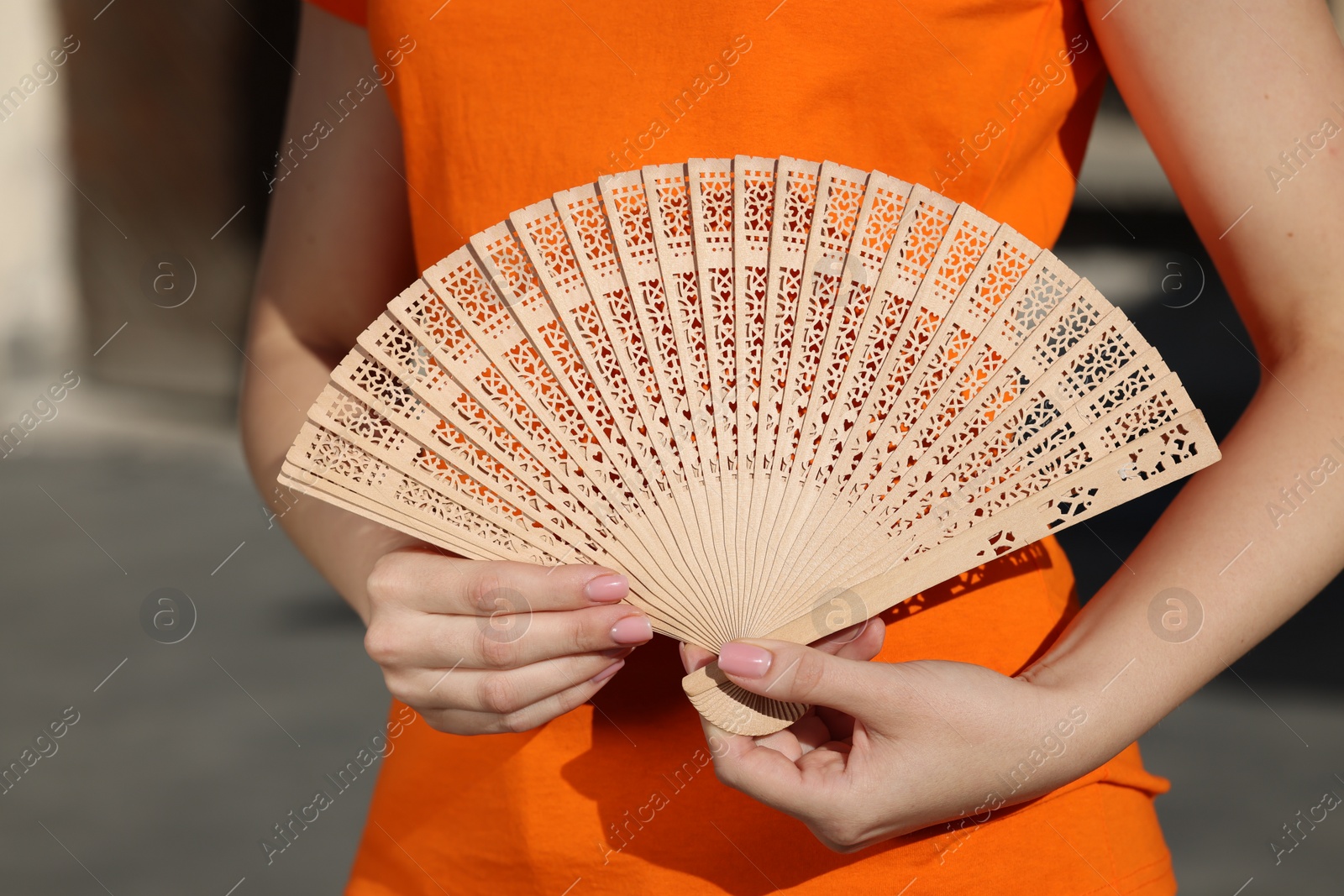 Photo of Woman with hand fan outdoors, closeup view