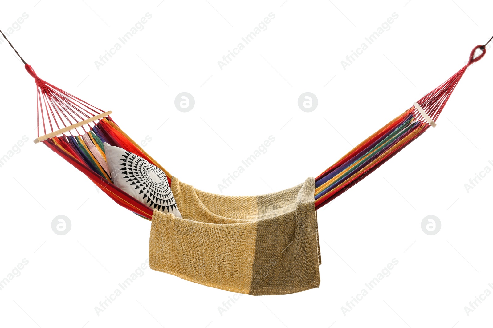 Photo of Comfortable hammock with pillow and blanket on white background