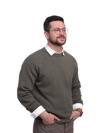 Portrait of handsome bearded businessman on white background