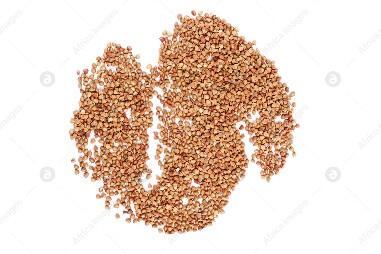 Photo of Uncooked buckwheat on white background, top view