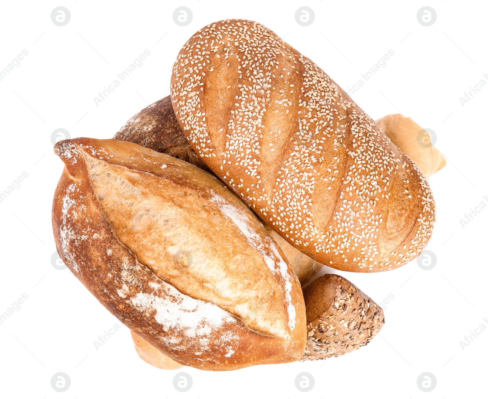 Photo of Loaves of different breads on white background, top view