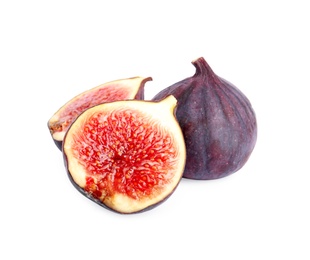 Photo of Tasty fresh fig fruits on white background