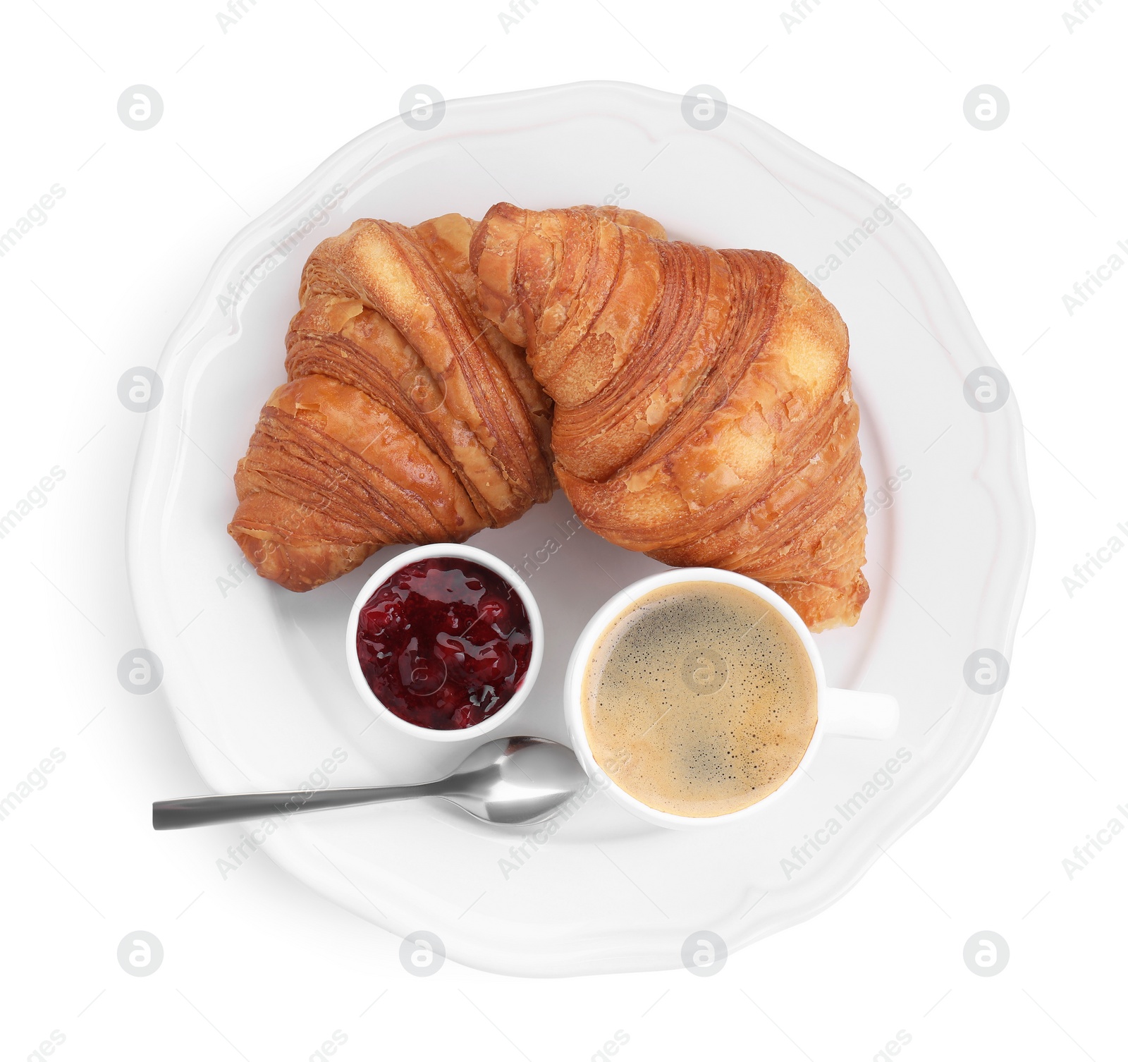 Photo of Tasty breakfast. Cup of coffee, jam and fresh croissants isolated on white, top view