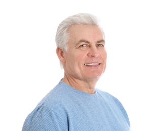 Portrait of handsome mature man on white background