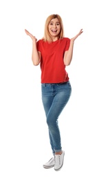 Photo of Full length portrait of emotional beautiful woman on white background