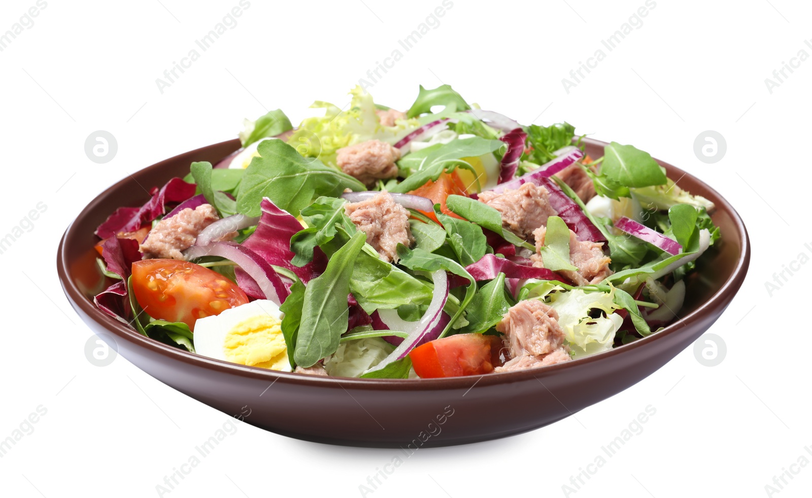 Photo of Bowl of delicious salad with canned tuna and vegetables on white background