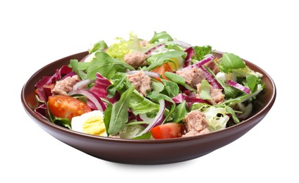 Photo of Bowl of delicious salad with canned tuna and vegetables on white background