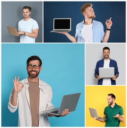 Image of Collage with photos of men holding modern laptops on different color backgrounds