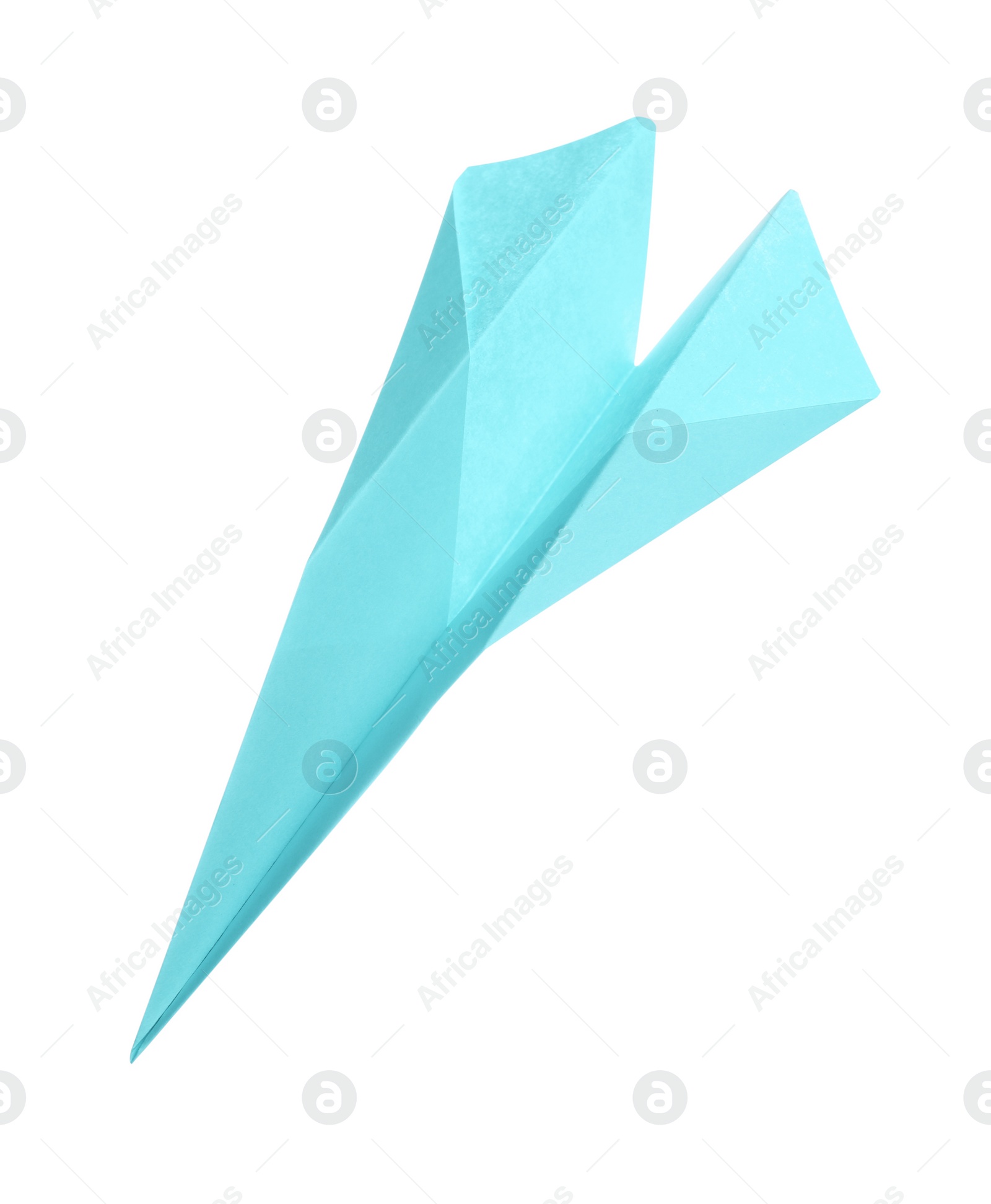 Photo of Handmade light blue paper plane isolated on white