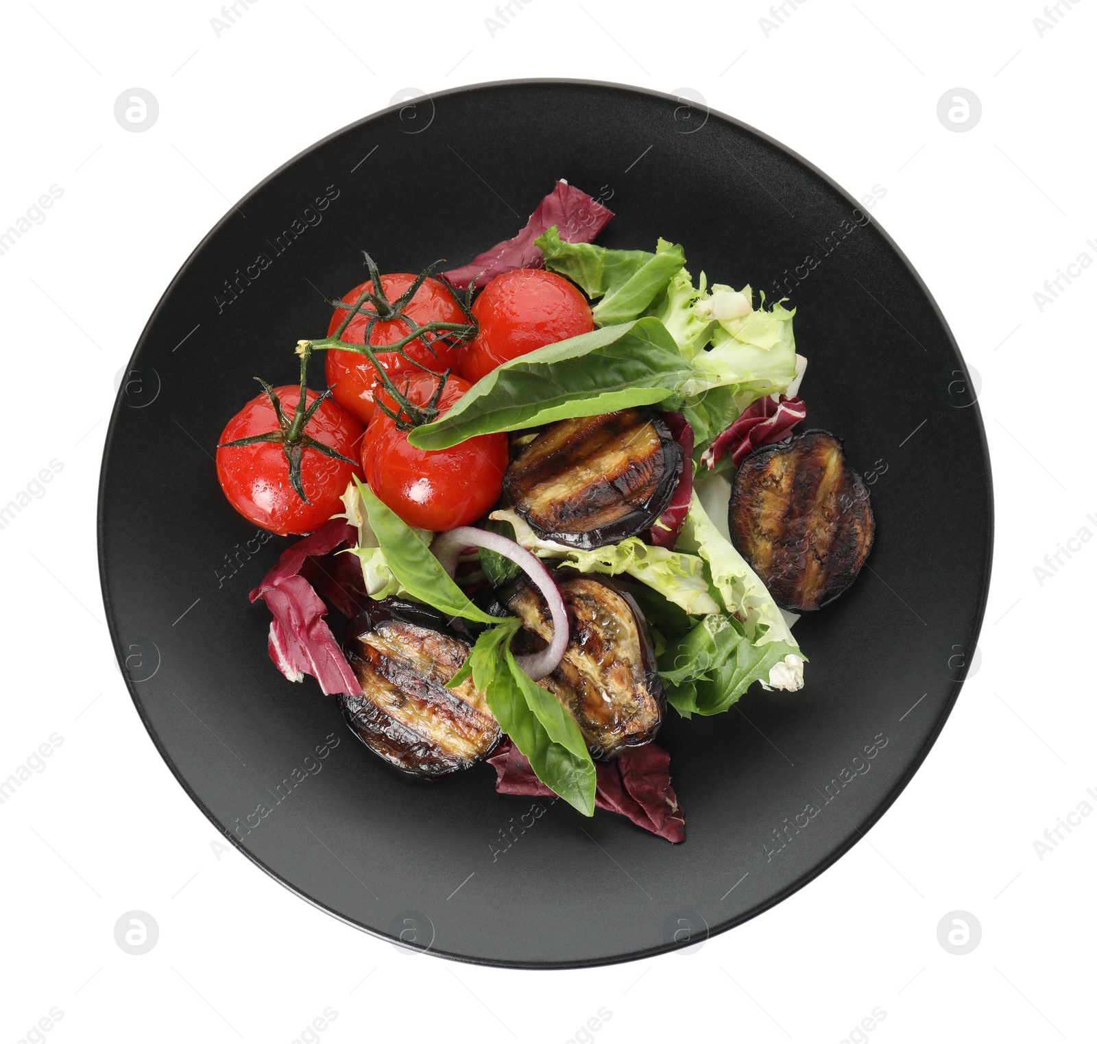 Photo of Delicious salad with roasted eggplant and basil isolated on white, top view