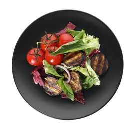 Photo of Delicious salad with roasted eggplant and basil isolated on white, top view