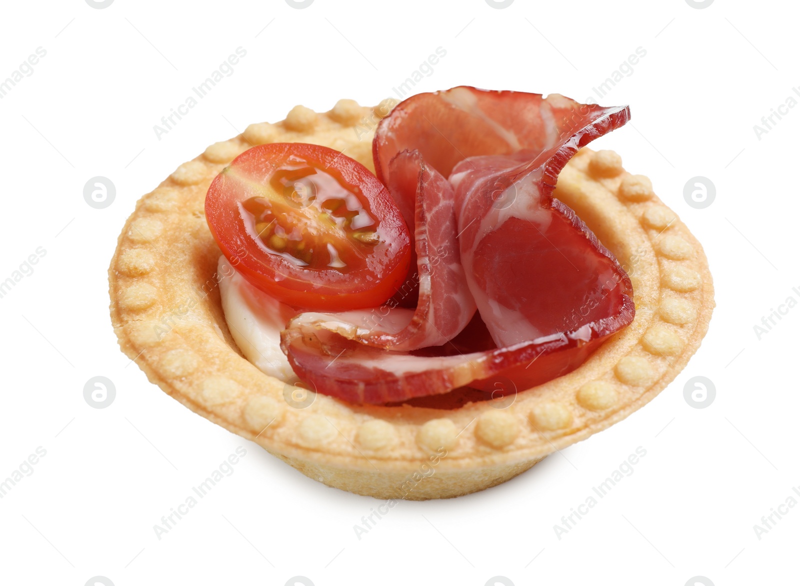 Photo of Delicious canape with jamon, cream cheese and cherry tomato isolated on white