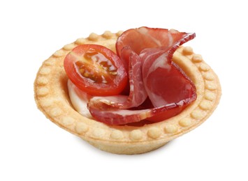 Delicious canape with jamon, cream cheese and cherry tomato isolated on white