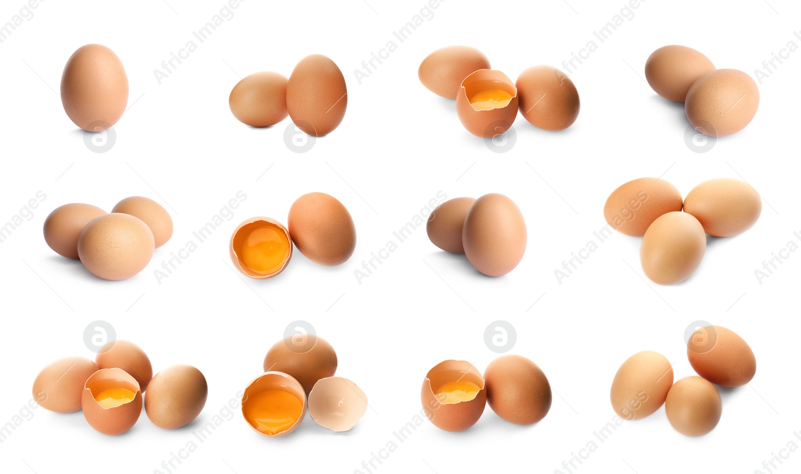 Image of Set of fresh eggs on white background