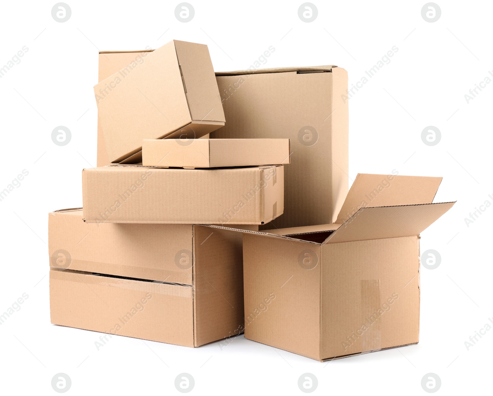 Photo of Pile of cardboard boxes on white background