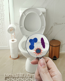 Image of Woman with magnifying glass detecting microbes on toilet bowl in bathroom, closeup  