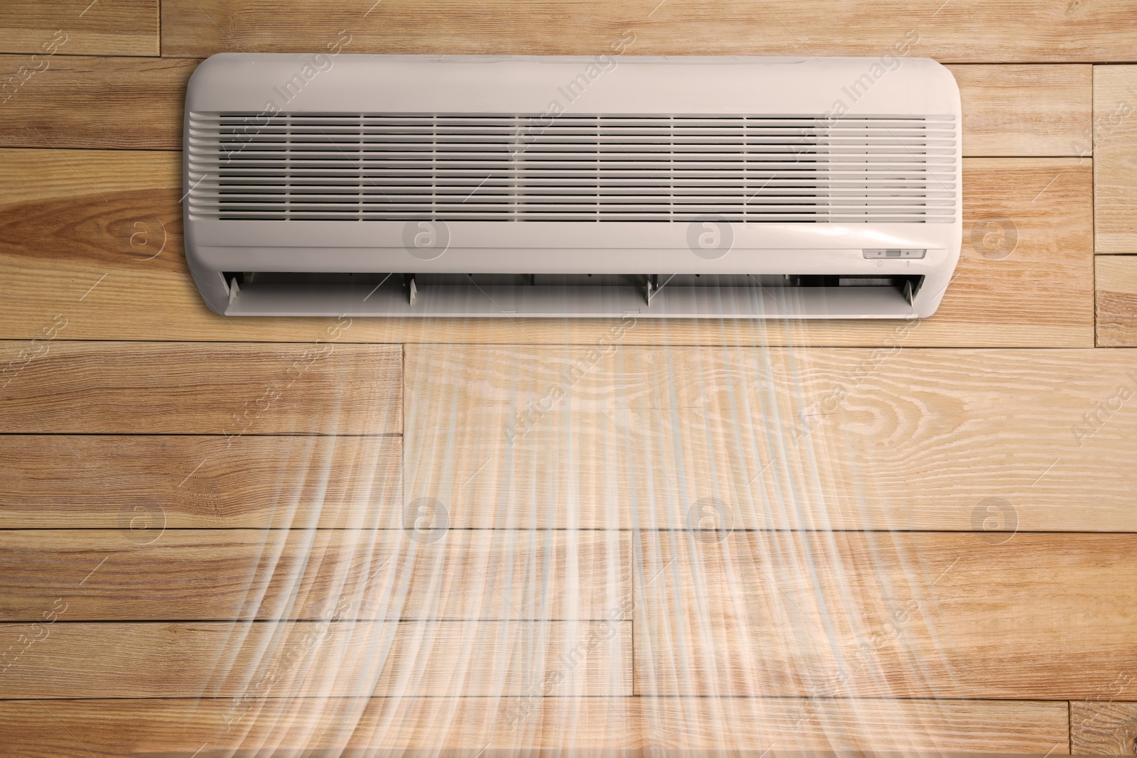 Image of Modern air conditioner on wooden wall indoors