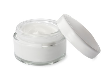 Photo of Face cream in glass jar on white background