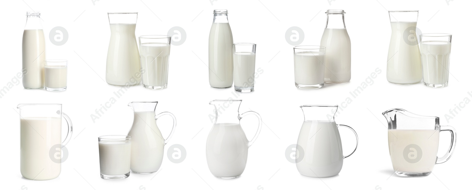 Image of Set with different glassware of fresh milk on white background. Banner design