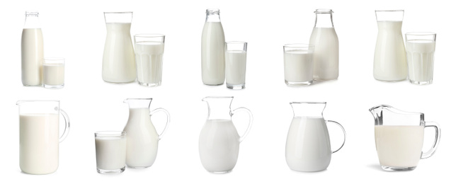 Image of Set with different glassware of fresh milk on white background. Banner design