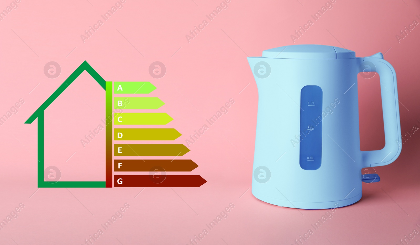 Image of Energy efficiency rating label and electric kettle on pink background